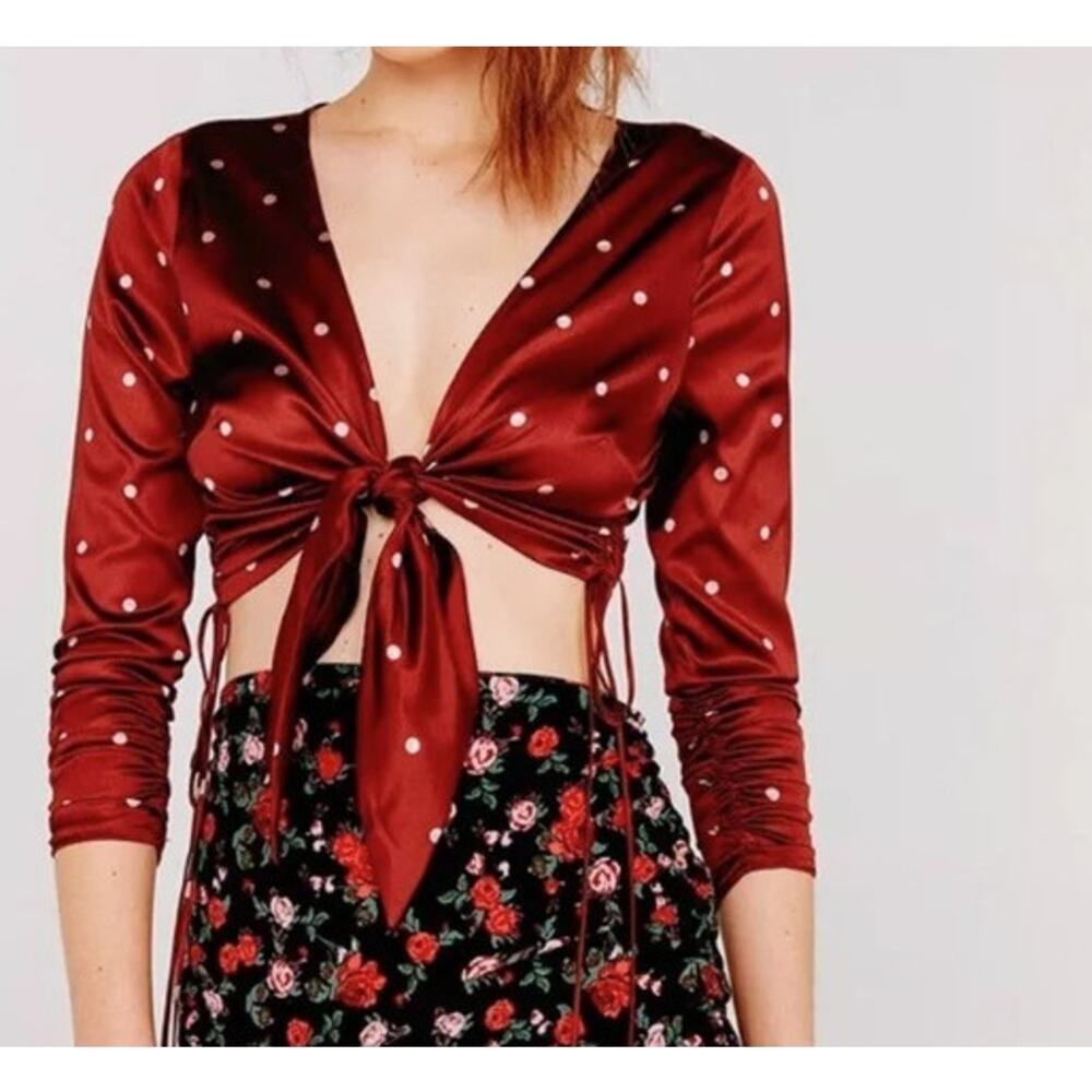 For Love & Lemons Red Broen Polka Dot Front Tie Size Small Cropped Blouse NEW